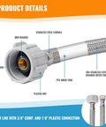 Close-up of 12 Inch Braided Stainless Steel Toilet Water Supply Line With 7/8 Inch Ballcock To 3/8 Inch Compression Fittings.