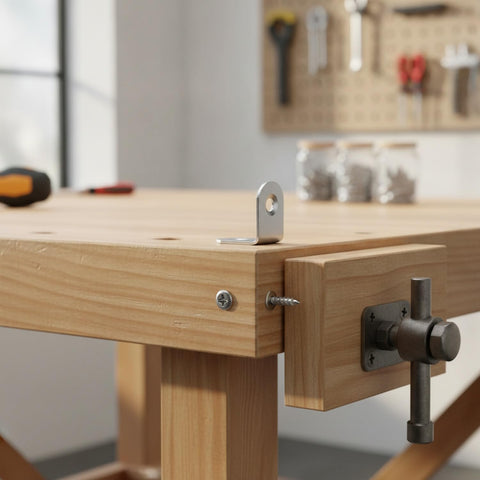 Heavy Duty Stainless Steel 90 Degree L Bracket For Furniture Reinforcement on wooden workbench corner with tools in background