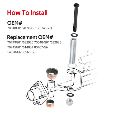 Installation diagram for Spindle King Pin Tube Bushing Kit For EZGO TXT PDS 2001 And Up with OEM part numbers.