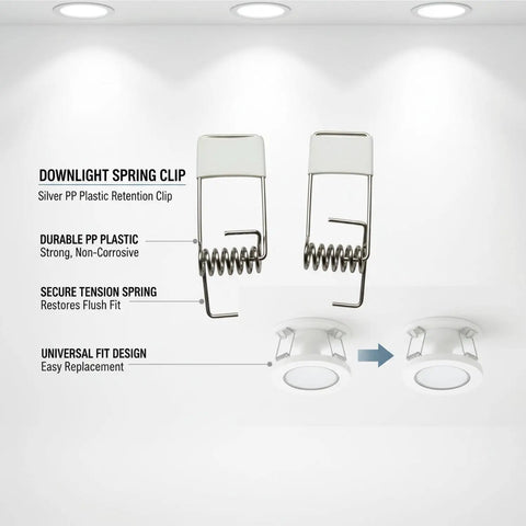 Downlight Spring Clip, Silver PP Plastic Retention Clip for Recessed Lighting Ceiling Fixtures (1 PC) shown with tension spring and fit design.