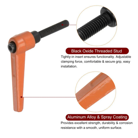 Orange Aluminum Quick Release Clamp Knobs With Slick Grip Hex Socket And Rock Solid M6 Male Thread For Hella Secure Locking On Heavy Duty Workshop Gear And Cabinet Doors with black oxide threaded stud.