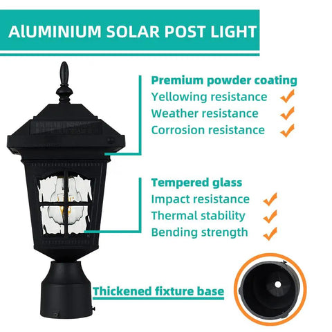 Solar Post Light Outdoor Waterproof with 3.5 Inch Pier Mount Base Matte Black featuring tempered glass and premium powder coating.
