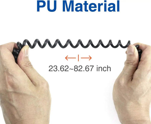 Hands stretching PU material coil 23.62 to 82.67 inches, part of Go-To Handheld Microphone Speaker With PTT For Walkie Talkies TH-47.
