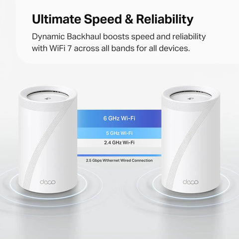 Deco 7 Pro Tri Band WiFi 7 Mesh System showing dual units with speed descriptions and Ethernet port information.