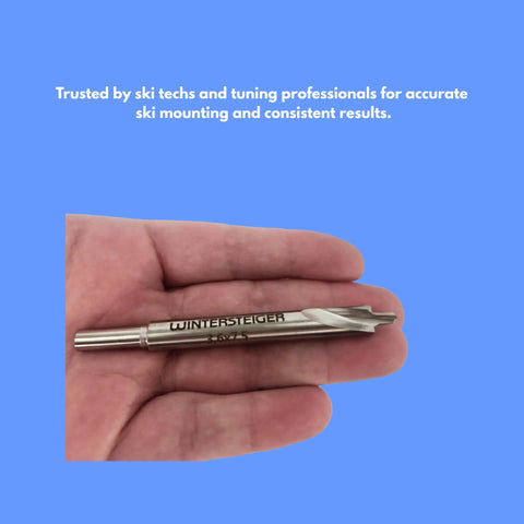 Person holding Pro Grade 3.5 x 9.5mm Ski Binding Drill Bit for mounting, silver finish, precise results, professional use.