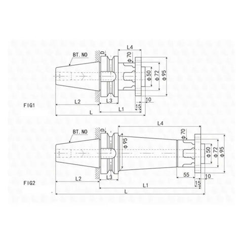 Rock Solid Bt40 And Bt50 Extended Cnc Collet With Precision Boring Head Clamp for Milling Centers technical drawing with dimensions.