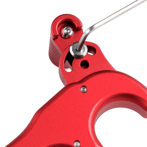 Close-up of red 4-Finger Compound Bow Release Trigger with 360 Degree Rotating Thumb Release Aid, showing adjustment screw.