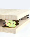Folding table hinges (4 pcs) in colored zinc installed between wood boards; 180° foldable with screws