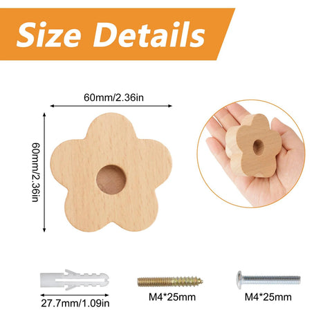 Flower Shaped Wooden Knobs Set Of 6 Natural Beech Wood Drawer Handles With Single Hole Size Details and included screws