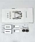 No Sweat Five Inch Desktop Bench Grinder Sharpener accessories including metal brackets, screws, and user manual on a white background.