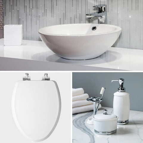 Soft Close Toilet Seat With Chrome Hinges And Wood Seat, Secure Metal Mount, Round White, displayed with bathroom decor