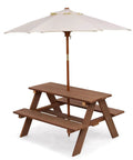 Outdoor Wooden Kids Picnic Table With Removable Umbrella Foldable Bench Set For Backyards And Patios in walnut
