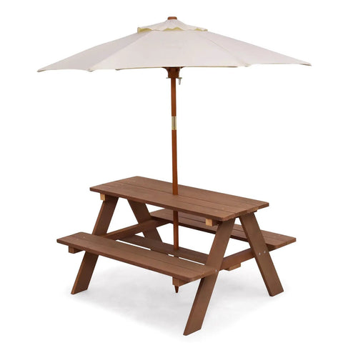 Outdoor Wooden Kids Picnic Table With Removable Umbrella Foldable Bench Set For Backyards And Patios in walnut
