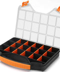 18 Compartments Hardware Gear Organizer Box with Removable Dividers and Accessible Hinged Lid open, showing inside compartments.