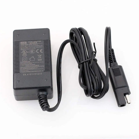 SAE 2-Pin AC DC Power Supply Adapter 12V 2A 24W for external battery cable, black, showing plug and cable