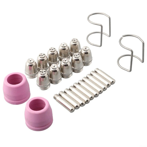 Premium Plasma Cutter Torch Consumables Kit For Cut60 And Lgk60 Machines Fits Ag60 SG55 Wsd60 Torches includes pink cups, metal nozzles, and retainers.