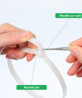 Hands demonstrating how to secure 100 Pack 36 Inch White Zip Ties Heavy Duty Cable Ties for Indoor Outdoor Use with tool.