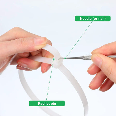 Hands demonstrating how to secure 100 Pack 36 Inch White Zip Ties Heavy Duty Cable Ties for Indoor Outdoor Use with tool.