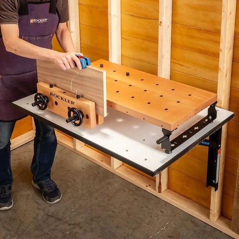 Handy Bench Portable Woodworking Workbench With Moxon Vise, 16x32 solid beech benchtop on adjustable steel base brackets in use.