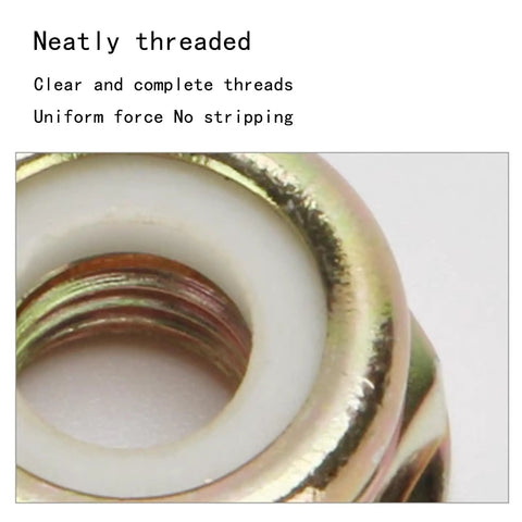 Close-up of Six Pack M10x1.25 Left Hand Thread Collar Nuts, showing nylon insert and thread detail for anti-vibration use.
