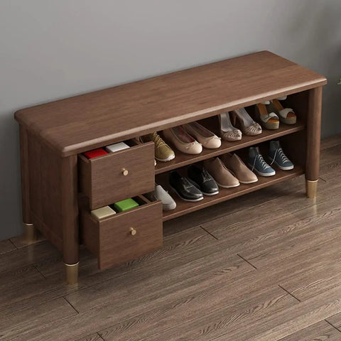 Free Standing Stackable Shoe Rack With Doors And Countertop Three To Five Tier Large Capacity Shoe Shelf Organizer For Entryway Hallway Closet with two drawers and shoes.