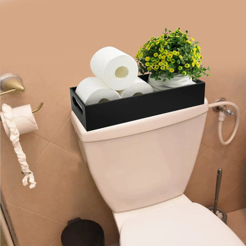 Black Acrylic Toilet Paper Holder With Storage And Tank Tray Modern Vanity Organizer on toilet with rolls and plant