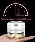 USB Rechargeable Electric Mini Garlic Chopper 100Ml Cordless Food Processor Small Veggie Dicer in hand with garlic cloves inside.