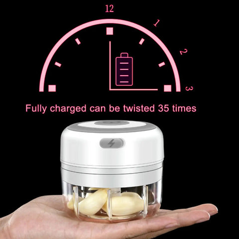 USB Rechargeable Electric Mini Garlic Chopper 100Ml Cordless Food Processor Small Veggie Dicer in hand with garlic cloves inside.