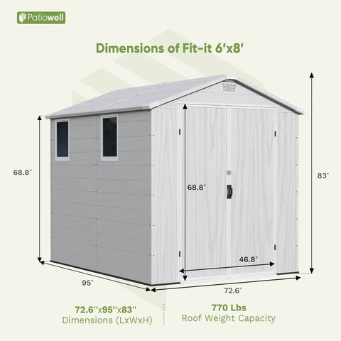 Resin Outdoor Storage Shed With Floor, Lockable Door And Window, Weather-Resistant 6X8 Ft Garden Shed dimensions illustration