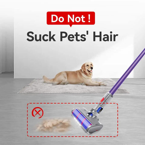Floor Head Soft Roller Brush For Dyson V7 V8 V10 V11 V15 Cordless Vacuums Rotatable Motorhead Replacement shown with no pet hair warning.