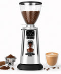 No Nonsense Electric Coffee Bean Grinder With Quick Timer Dial Crisp Led Display Silver Frame Spacious Hopper And Razor Sharp Burrs Making Fresh Grounds A Total Game Changer For Daily Grinds, showing coffee beans, grounds, and espresso.