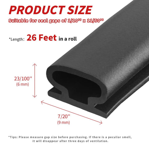 Close-up of black D-Shape 26 Feet Rubber Door Weather Stripping Seal With Self Adhesive Backing for large gaps in door frames.
