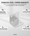 Heavy Duty Stainless Steel L Brackets 100 Pack 11.8 Inch showcasing a right-angle design for furniture repair and shelf reinforcement.