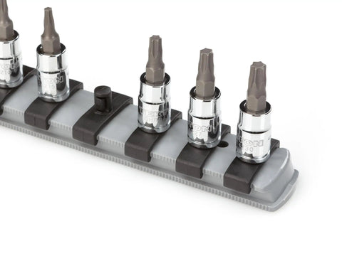 Quarter Inch Drive Socket Rail For Eight Inch Sockets With Twist To Lock Clips And Tray Lock Feature, heavy-duty steel rail with bit sockets