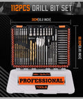 Impact Drill Bit Set 112 Piece With One Fourth Inch Hex Shank For Impact Drivers And Screwdrivers Includes Wood Metal Cement Bits Driver Bits And Storage Case For DIYers And Home Projects displayed in open case