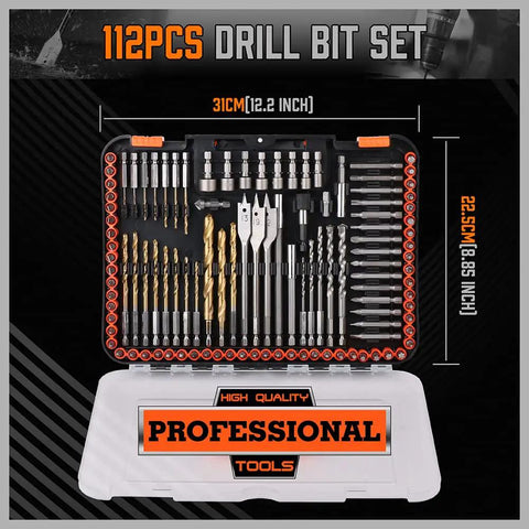 Impact Drill Bit Set 112 Piece With One Fourth Inch Hex Shank For Impact Drivers And Screwdrivers Includes Wood Metal Cement Bits Driver Bits And Storage Case For DIYers And Home Projects displayed in open case