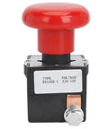 Heavy Duty Metal Emergency Stop Switch With Latching Design For Electric Forklifts And Pallet Cars Fast Cutoff Push Button 125A DC80V, red actuator, compact design.
