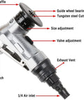 Side view of mini pneumatic chamfering tool with alloy body, tungsten steel cutter head, and 1/4 in air inlet