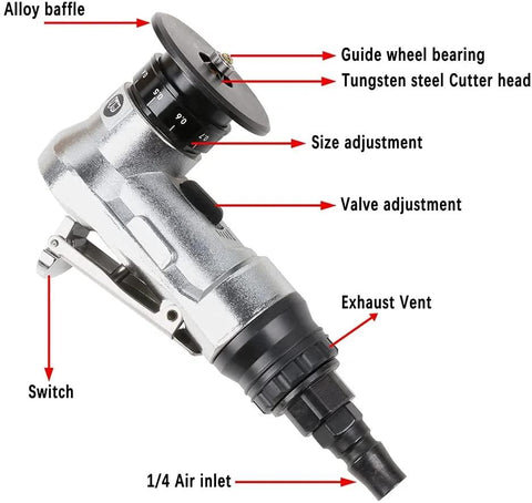 Side view of mini pneumatic chamfering tool with alloy body, tungsten steel cutter head, and 1/4 in air inlet
