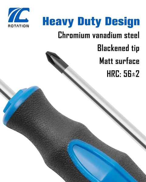 Close-up of Magnetic Tip Screwdriver Set 6 Pack With Phillips And Flat Bits Cushioned Grip Handles Heat Treated CR V Steel Rust Resistant Anti Cam Out Perfect For Home And Garage Projects showing handle and tip.