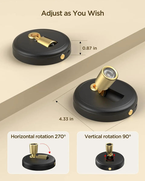 Diagram of Rechargeable Wireless Indoor LED Spotlight Up Light Kit For Plants Trees Artwork And Portrait Display Battery Powered Accent Lighting For Home Decorators Homeowners And Art Collectors Two Pack, showing rotation angles.