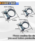 Heavy Duty Stainless Steel Fuel Injection Hose Clamps Set with sizes and dimensions shown