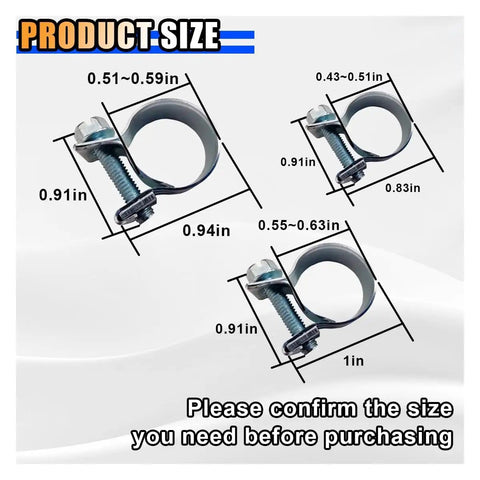 Heavy Duty Stainless Steel Fuel Injection Hose Clamps Set with sizes and dimensions shown