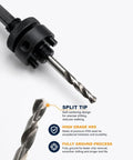 Close-up of Heavy Duty Bimetal Hole Saw Arbor Mandrel with split tip HSS drill, ideal for precise drilling.