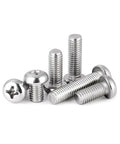 Premium Top Shelf Pan Head Machine Screws Made From Tough Rust Proof 304 Stainless Steel Phillips Cross Drive Bolts set against a white background.