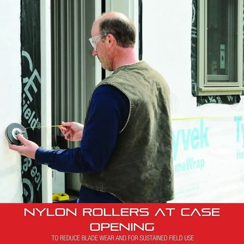 Person using Long Line Tape Measure With Closed Reel, Nylon Rollers, Rewind Mechanism And Folding Hook, 100 Feet Length