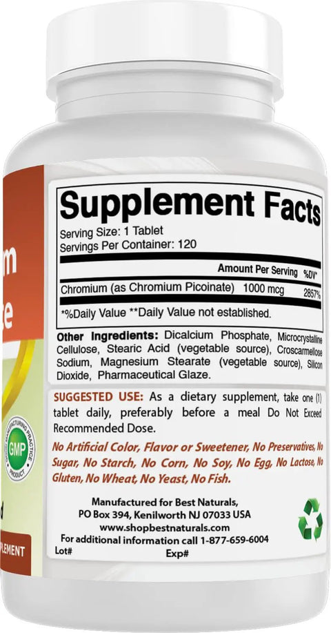 Supplement facts of Straight Up Premium Chromium Picolinate 1000 Mcg Tablets for solid blood sugar support.