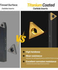 Comparison of tinned surface vs titanium coated indexable carbide lathe tool bits set, tin coated inserts visible.