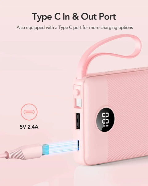 Type C port on 10000mAh Slim Portable Charger, Built In Four Power Bank Cables, Straight Up Travel Essential To Keep Yo Phone Lit Without Any Cord Drama, Ready For Commute.