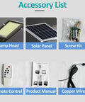 Accessory list for JUDYSSY 1000W Solar Street Lights: lamp head, solar panel, screw kit, remote control, product manual, copper wire.